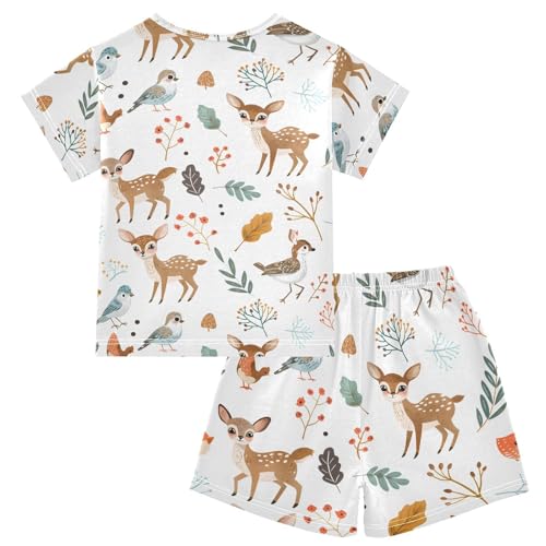 ALAZA Deer Bird Leaves Watercolor Pajamas Short Sleeve 2 Piece Sleepwear Top and Bottom Pajama Set Unisex2