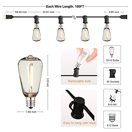 Damaing Outdoor Led 100 Ft Patio String Lights,52 St38 Shatterproof Edison Style Led Bulbs,Vintage Plastic String Lights Waterproof For Bistro Gazebos Backyard Balcony Porch. #TOP5