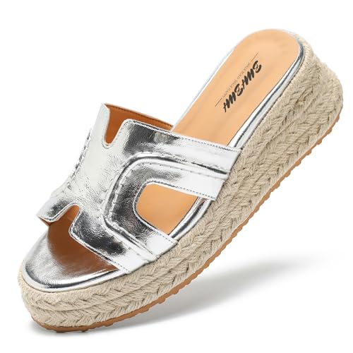 Espadrilles Wedges for Women Platform Raffia sandals Beach Slip On Shoes Summer Open toe heels Leather uppers Slides Mules for Dressy