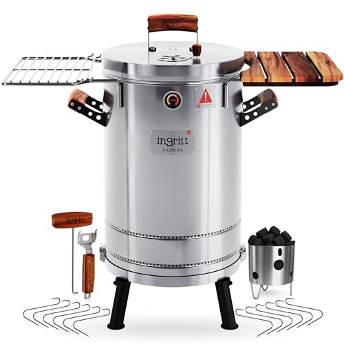 3-in-1 Stainless Steel Smoker Barrel Grill Premium– Portable Charcoal BBQ with Thermometer, 25 lbs Outdoor Cooking Smoker for Camping, Backyard & Home BBQ INGRILL