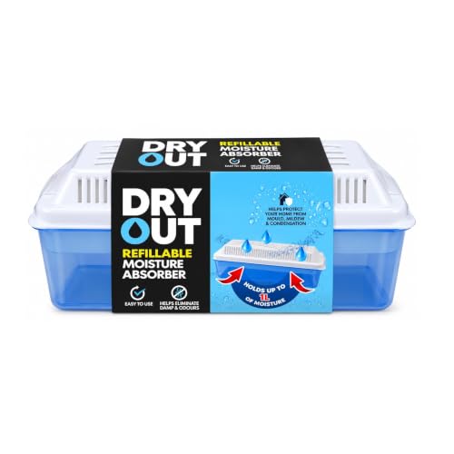 DRYOUT Dehumidifier moisture absorber Trap - Refillable dehimidifier - Damp Control Crystal - Slimline moisture absorbing trap - Damp mildew mould control for home, boat, caravan, 500g 1L capacity