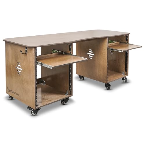 Sound Town DIY Music Studio Rack Desk Workstation with 2 X 13U Side Cabinets, Two Slide-Out Trays, Casters, Plywood, Weathered Brown for Recording Room, Home Studio (SDRK-WS69)