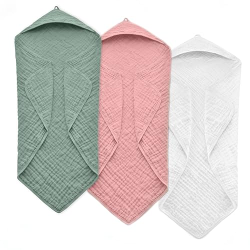 Image of FAVERDIIY Hooded Baby Towels for Newborn, 35x35 Inch 3 Pack 100% Muslin Cotton Baby Bath Towel, Soft Baby Beach Towels with Hood for Infants, Toddlers and Kids, Essentials Must Haves