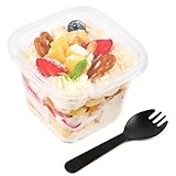 Qeirudu 50 Pack 12 oz Plastic Parfait Cups with Lids and Sporks, Disposable Square Dessert Cups with Lids Cake Containers for Fruits Oatmeal Yogurt Mousse Ice Creams Strawberry Shortcake