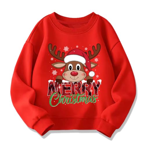 Image of QHKEPW Christmas Boys Girls Jumper Santa Claus Reindeer Snowflake Xmas Kids Sweatshirt Toddler Top Long Sleeve Round Neck Cotton Casual Clothes T Shirt 7-8 Years Old Red