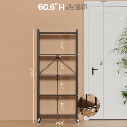 Image of ALANNG 60.6 Inch Folding Bookshelf, 5 Tier Metal Bookcase and Bookshelves | Tall Shelves for Living Room Office Bedroom, Heavy Duty Book Shelve Free Standing Open (Black, 4PACK)