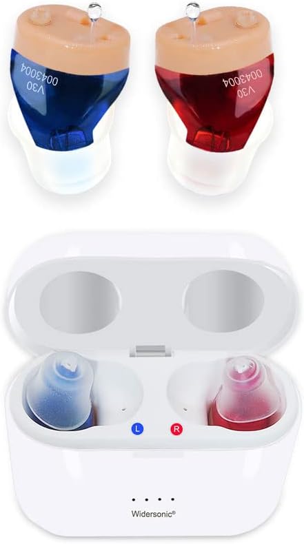 Rechargeable Hearing Aids for Seniors & Adults, Invisible Hearing Aid With Noise Cancelling, Rechargeable Hearing Aid with Storage and Charging Combo Portable Charging Case, Two Blue & Red