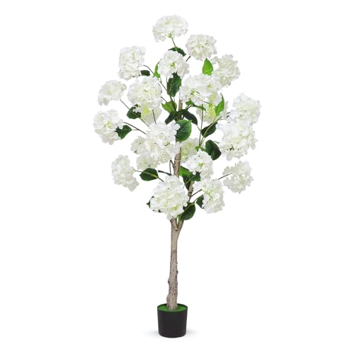 White Hydrangea Flower Artificial Trees 4FT Fake Silk Floral Plants Indoor Outdoor Lifelike Decorative Faux Hydrangea Flower Tree in Pot for Home Garden Office Front Decor