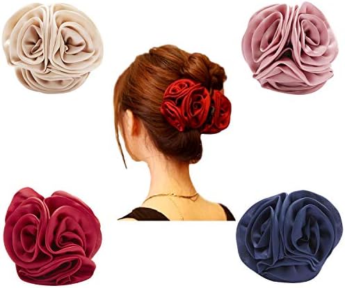 4 Pack Large Butterfly Octopus Ribbon Silk Chiffon Rose Flower Large Bows Metal Hair Claw Clips Jaw Barrettes Grips Clamps Hair Accessories for Women Girls