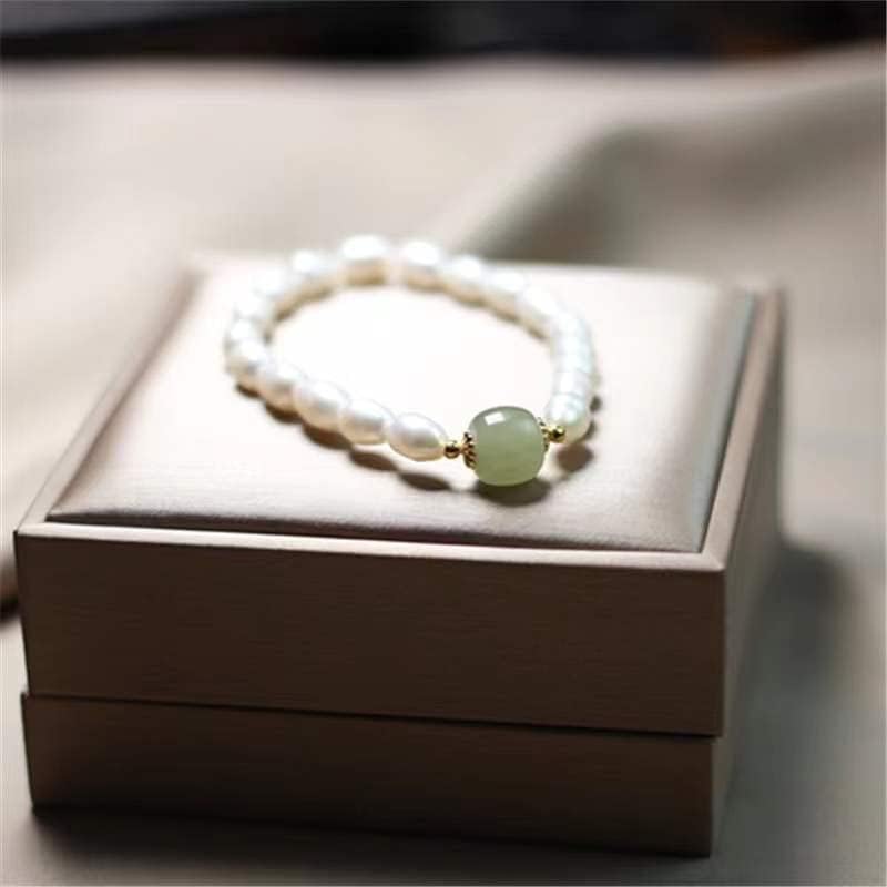 Green Jade Pearl Bracelet for Women, Natural Baroque Freshwater Pearls, 14K Gold Plated Beaded Stretch Bracelet, Lucky Jewelry Gift for Her (Pearl with Green Jade) - Image 7