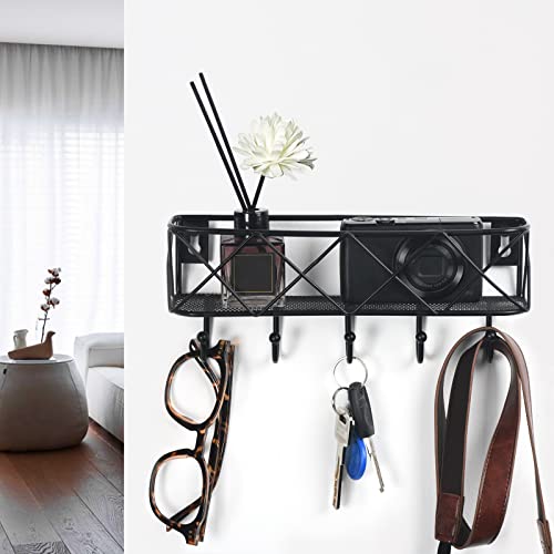 HappyHapi-Key-Holder-for-Wall-Decorative-Entryway-Key-Hooks-for-Wall-Wall-Mounted-Key-Rack-with-5-Hooks-Metal-Wire-Mesh-Basket-Mail-Holder-with-Key-Hooks-for-Entryway-98Lx21Wx41H