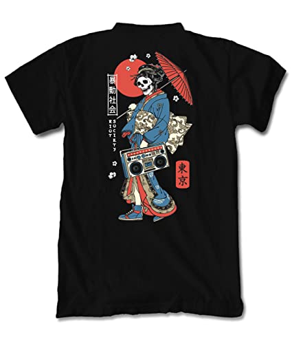 Image of Riot Society Men's Short Sleeve Graphic Fashion T-Shirt, Geisha Skull Kicks Boombox (Black), S