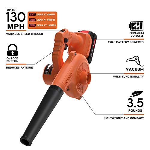 ENZOO Cordless Leaf Blower/Dust Vacuum 2-in-1 Designed for Light Yard Work and Hard Surface Sweeping Variable Speed MAX 20V Includes 2.0Ah Lithium-Ion Battery and Charger (Orange)