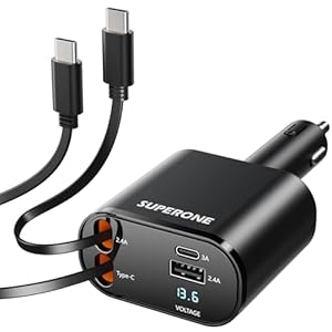 SUPERONE Cargador retráctil de coche para iPhone con cables dobles tipo C, adaptador de cargador de coche USB C 4 en 1 con PD de 60 W, carga rápida compatible con iPhone 17 16 15 14 13 12 11 Pro/XS/XR