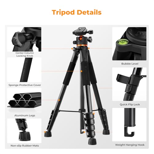 Image of K&F CONCEPT 75 inch /190cm Camera Tripod,Lightweight Travel Outdoor DSLR Tripods with 360 Degree Ball Head Load Capacity 8kg /17.6lbs,Cellphone Clip and Remote Control for Smartphone S255A3+BH-36