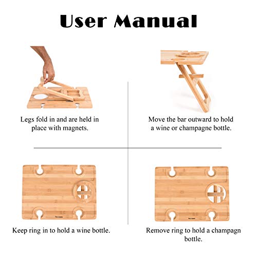 Tirrinia Portable Wine Picnic Table, Ideal Wine Gift for Women Men, Outdoor Folding Table & Beach Charcuterie Board with Wine Glasses Holder for Camping, Park, Party, Garden Concerts, Wooden