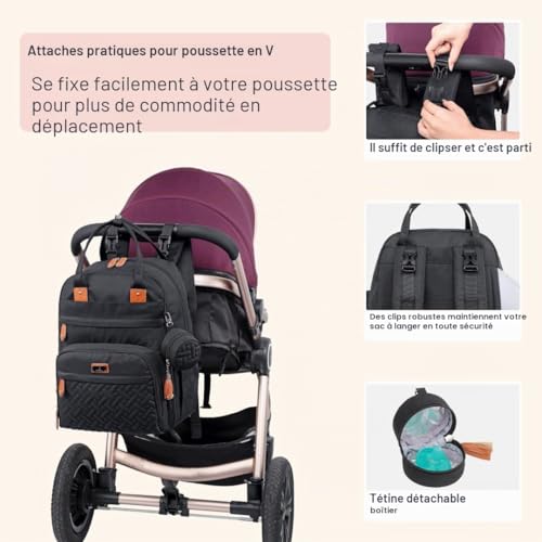 BabbleRoo Sac à Langer Bébé, Sac à Dos à Langer Grande Capacité Déperlant – 17 Poches, Tapis à Langer, Étui à Sucette Amovible, Sangles Poussette, Sac de Voyage Unisexe – vue 6