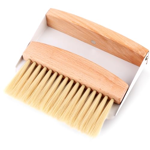 Small Dustpan and Brush Set Mini Portable Dustpan and Brush Wooden Table Brush Metal Dust Pan for Sweeping Table Tabletop, Countertop, Desktop