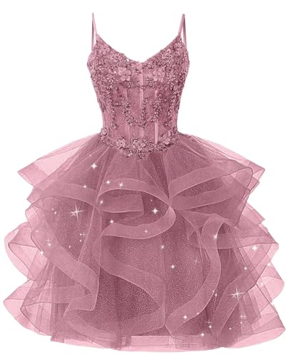 Tiered Tulle Short Prom Dress Spaghetti Strap Lace Dusty Rose Sparkly Sweetheart Homecoming Dresses 2026 US 8