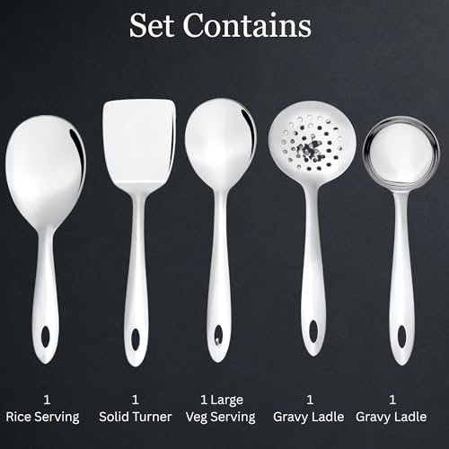 Image of Montavo by FnS 5 Pieces Premium Stainless Steel Serving Tools Set, Rice Server, Gravy Ladle, Veg Serving Spoon, Skimmer & Solid Turner, Food Grade Kitchen Utensils for Home & Dining