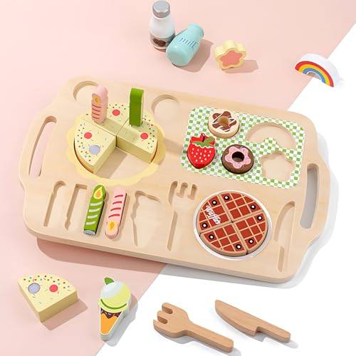 KinderküChe ZubehöR Holz, Kinder KüChenzubehöR, SpielküChe ZubehöR Mit Obstdessert, Teeparty SpielküChe Rollenspiele, KüChenspielzeug Lebensmittel, Geschenk FüR Jungen MäDchen 3 4 5 Jahre