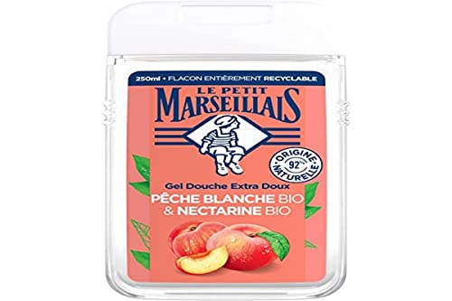 Le Petit Marseillais | Gel Douche Extra Doux Pêche Blanche Bio & Nectarine Bio (flacon de 250 ml) – 92 % d'ingrédients d'origine naturelle – Édition limitée 40 ans
