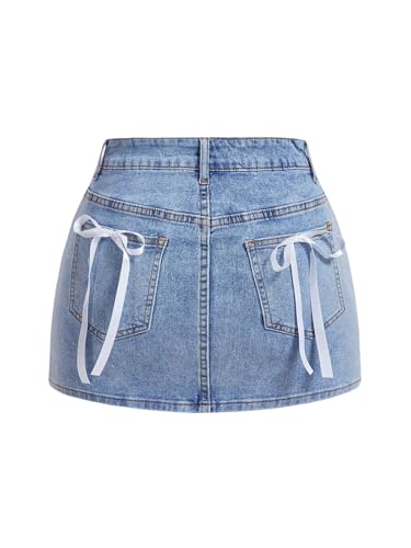 WDIRARA Women's Bowknot High Waist Denim Skirt Y2k Bodycon Mini Skirts with Pockets
