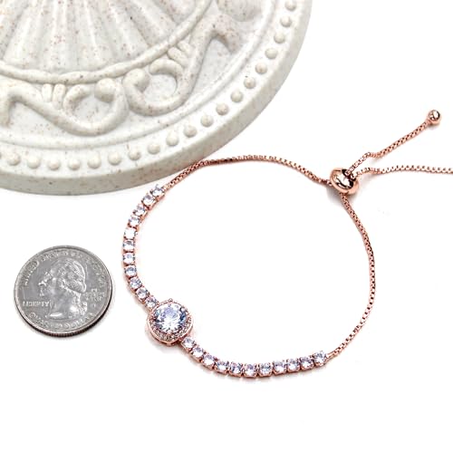Image of Rose Plated Gold Brass Box Chain Cubic Zirconia Classic Tennis Slider Adjustable Bracelet, Round Big Zircon Charm Give Woman Mom Mother's Day Fashion Crystal Gift