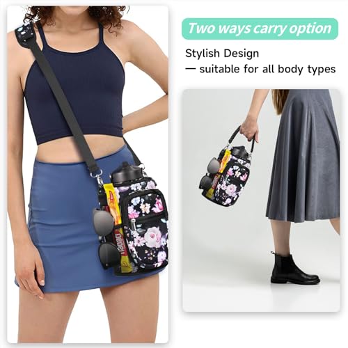 Image of Neoprene One Gallon Water Bottle Sleeve with 4 Pockets & Paracord Handle, 128 oz Metal Water Jug Bottle Pouch Sling Bag with Adjustable Strap for Walking, Sport-Black Flower