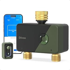 Diivoo WLAN Bewässerungscomputer mit 2 Ausgängen, Messinganschlüssen & 12 Zeitplänen, Smarte Bewässerungsuhr kompatibel mit APP/Alexa/Google Sprachsteuerung, Regenverzögerung für Rasen, Garten, Balkon
