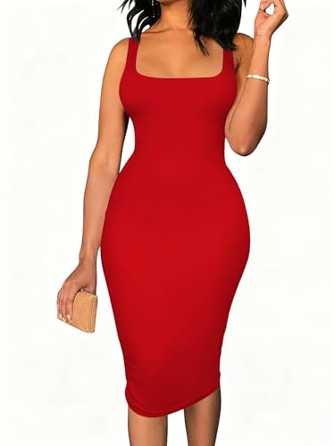 Image of TOPSRANI Women Sexy Midi Dress Bodycon Casual Sleeveless Basic Ruched Tank Summer Club Party Dresses