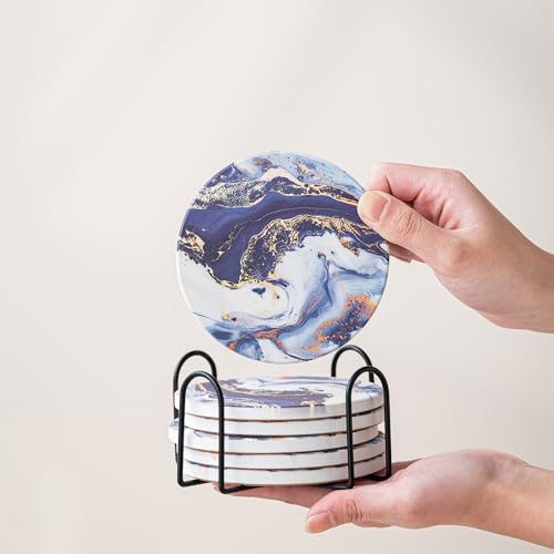 Kedested Sea Blue Marble Ceramic Coasters with Holder