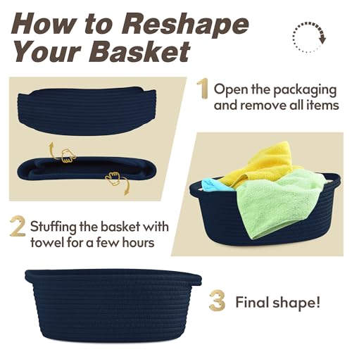 Image of Pro Goleem Small Woven Basket with Gift Bags and Ribbons Durable Baskets for Gifts Empty Small Rope Basket for Storage 12 inchX 8 inch X 5 inch Baby Toy Baskets with Handles, Navy Blue