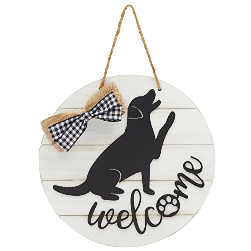 Farmlyn Creek Farmhouse Front Porch Welcome Sign Dog - 12 In Round Black & White Wood - Checkered Bowtie Labrador Dog Front Door Sign Welcome - Farmhouse Decor & Housewarming Gift