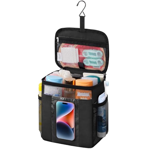 Lifewit Mesh Shower Caddy Bag Portable Quick Dry Hanging Bathroom Organizer with PVC Phone Bag College Dorm Room Essentials for Travel Gym Camping Toiletry Tote for Women Men Medium Black