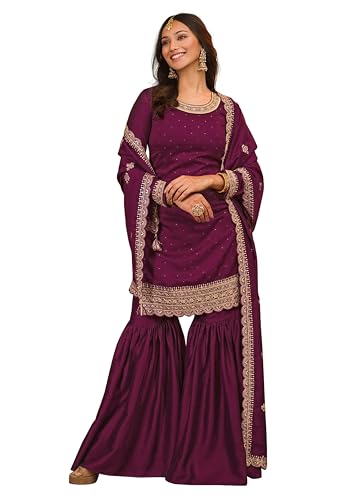 TRENDMALLS Women's Art Silk Embroidery Kurta Sharara Set with Dupatta (G253-Purple-L)