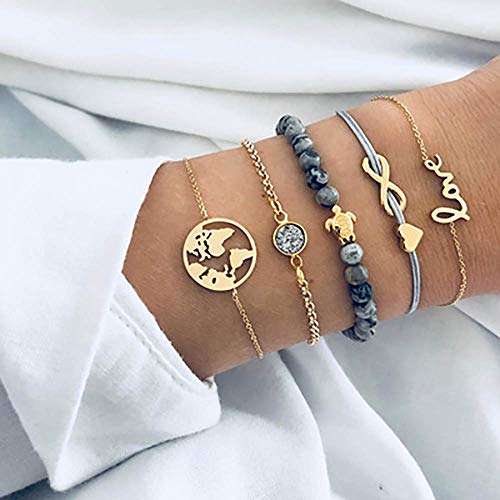 Edary Lot de 5 bracelets de style bohème en cuir avec perles en forme de tortue et chaîne réglable pour femmes et filles