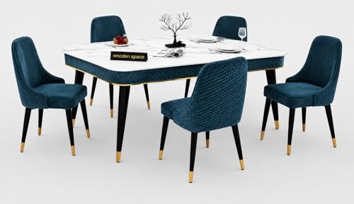 Image of WOODEN SPACE 6-Seater Wooden Dining Table Set | Nano Composite Marble Top | Solid Wood Base | Modern Dining Room Furniture with 6 Chairs (Sea Blue Vento)