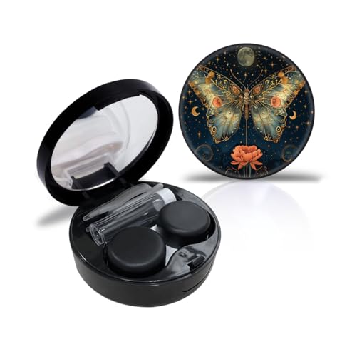 RETUIOS The butterfly and the Moon Contact Case Personalized Contact Box Travel Kit Portable Customized Contact Case with Mirror Tweezers Remover Tool Solution Bottle, Small, Black