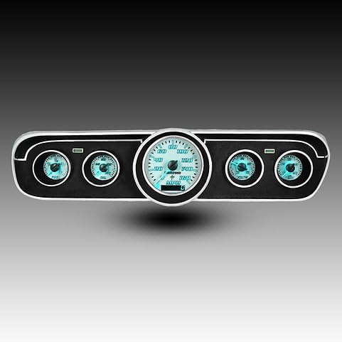 1965-1966 Ford Mustang Analog Gauge Cluster Replacement, White Faceplate, GPS Speed, Water & Oil Press Sending Units Included (Teal)