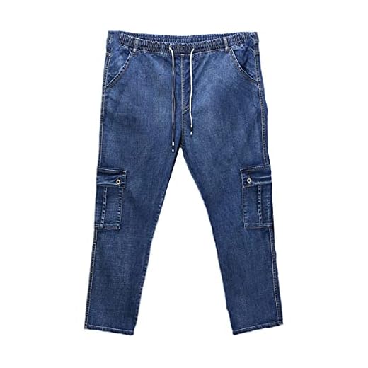 Herr hög midja jeans raka ben stor storlek herr svarta jeans sida flera fickor blå lösa elastiska bandbyxor, 086 Blå, 56 SE