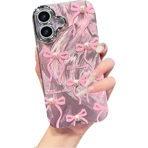 Image of VONZEE Compatible with iPhone 16 Case Luxury Pink Girly Cute 3D Bow Pearl Glitter Bling Case with Full Camera Protection Shockproof PC+TPU Glossy Shiny Cover for Girls Women, Pink