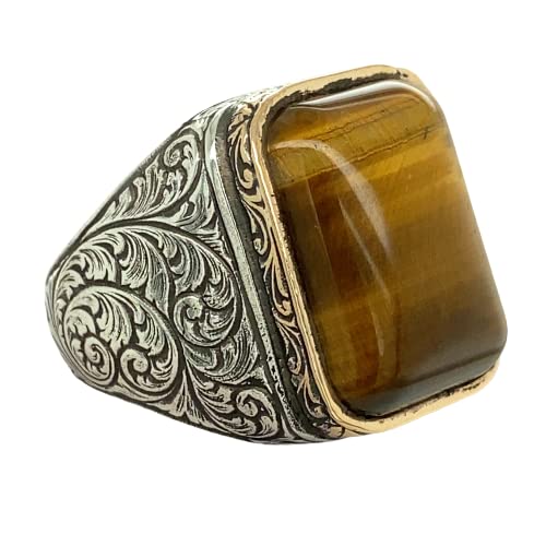 Men Handmade Ring, Tiger Eye Stone Ring, Natural Tiger Eye Gemstone Ring, Turksh Handmade 925k Sterling Silver Ring, Gift For Him