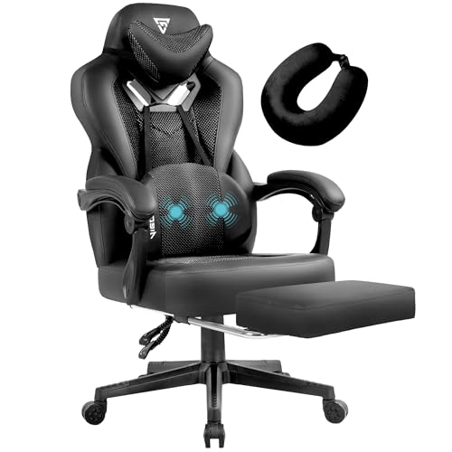 Gaming Chair PRO, Ergonomic Gaming Chairs for Adults Heavy People, Massage Reclining Office Desk Computer Chair with Footrest and Lumbar Support, Big Tall Mesh Gamer Chair with Cushion (Black)