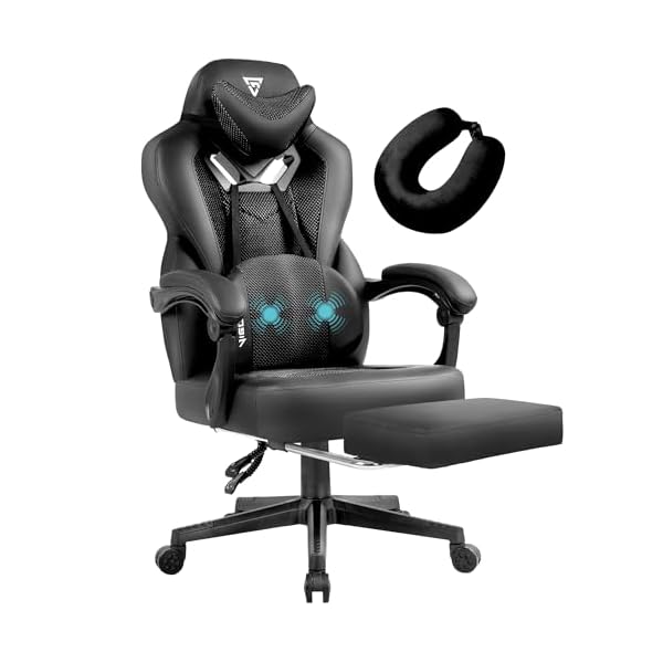 Gaming Chair PRO, Ergonomic Gaming Chairs for Adults Heavy People, Massage Reclining Office Desk Computer Chair with Footrest and Lumbar Support, Big Tall Mesh Gamer Chair with Cushion (Black)