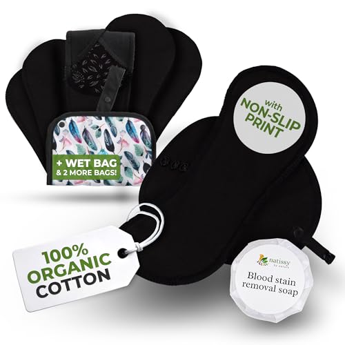 Image of Non-Slip Organic Cotton Reusable Menstrual Pads for Teens, 6 Pack (S+M)