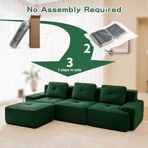 Image of 117 inch L-Shaped 3-Seater Modular Boneless Couch with Ottoman, Soft Corduroy Cloud sectional Sofa, Deep Seat Ergonomic Design, No Assembly Anti-Slip Sofa for Living Room, Green