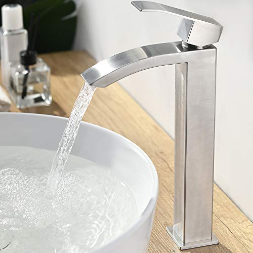Comllen Vessel Sink Faucet Brushed Nickel, Tall Waterfall Bathroom Faucet, Single Handle One Hole Mixer Bowl Tap With Large Rectangular Spout With Water Hoses #TOP1