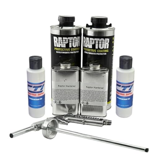 Raptor Truck Bed Liner Kit with Colored GM White Tint and Spray Gun - 2 Liters - Protective Spray On Paint for Coating Trucks, Tailgates, Vehicle Undercoating - Tintable Bedliner Formula