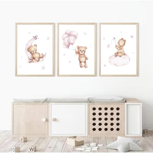 Bear Nursery Wall Art Decor Teddy Bear Wall Art Baby Girl Canvas Wall Decor Pink Pictures Balloon Nursery Children Prints Artwork Moon Star Cloud Art for Boys Room Bedroom 12x16x3 Inch Wood Framed by Baccone - Used condition - Image 7